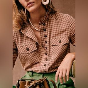 🆕 NWT- SÉZANE - Kim Shirt - Japanese check plaid - beige / red / orange - 14